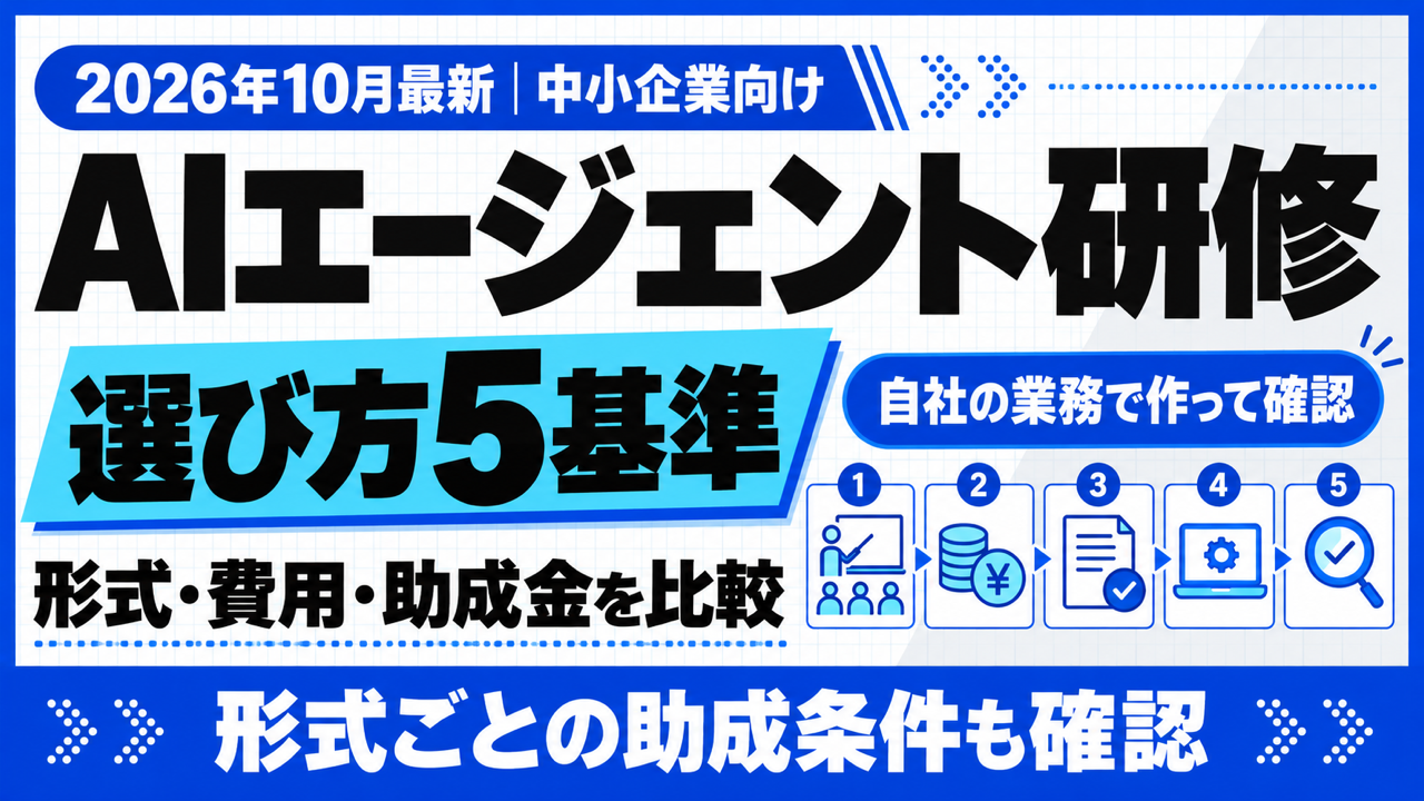 AIエージェント 研修｜選び方5基準と4形式の比較・費用・助成金【2026年10月】